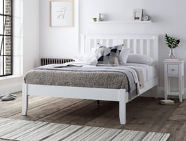 White wooden double bed frame with IKEA mattress DELIVERED
