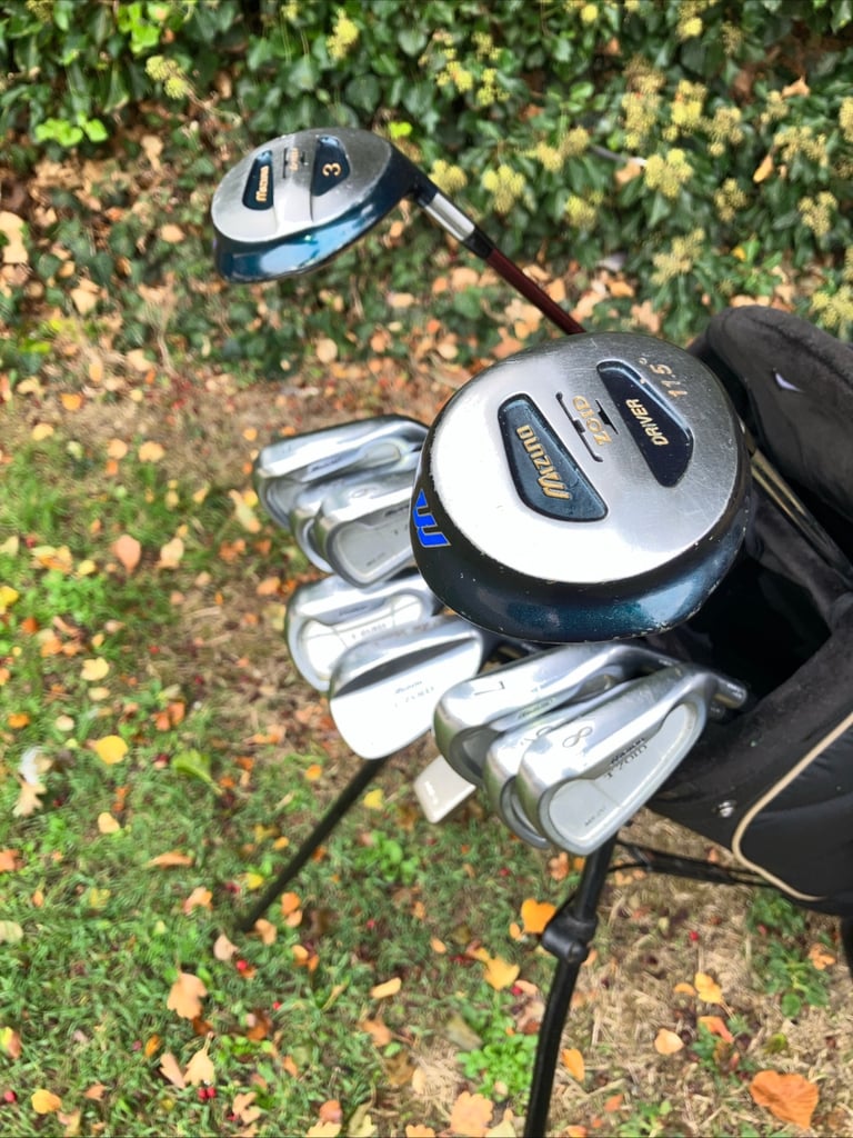 Men’s Golf Clubs Mizuno Driver 3 Wood 4-9 Irons Sw Pw Putter Nike Stand Bag 