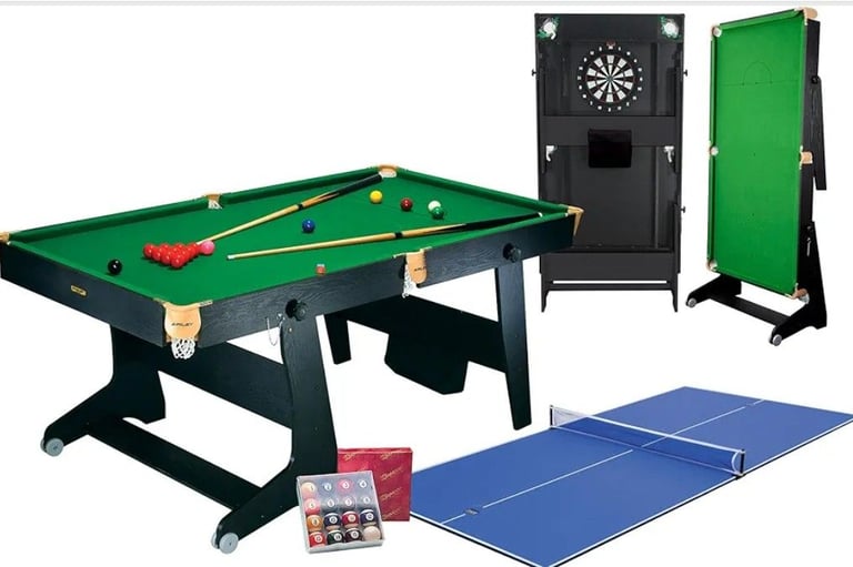  Riley 6ft pool/snooker table with dartboard and table tennis top.