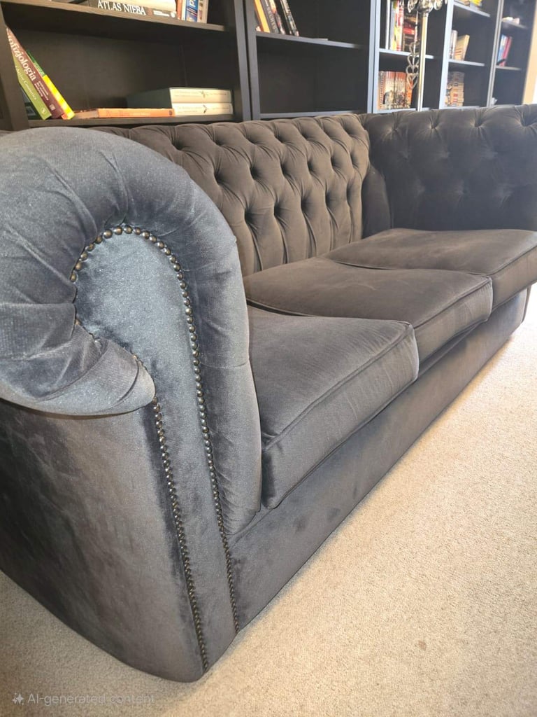 image for Elegant dark blue (or blue-grey) velvet Chesterfield sofa 
