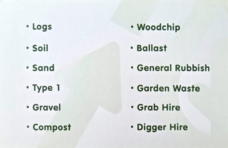Topsoil £25 Type 1 £25 a ton . Turf mix £35 Aggregates. Logs skips 