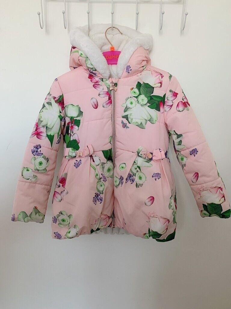 Lovely Girls Designer Ted Baker Pink Floral Fur Hood Coat 5-6yrs