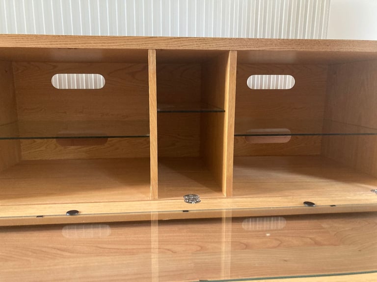 Pine TV stand with shelves, storage and glass fronted door