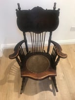 Arts & Crafts Oak rocking chair antique tooled leather seat fireside armchair