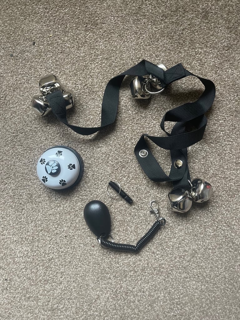 Potty Training Set - 4 Pack Adjustable Dog Bells with Clicker & Whistle