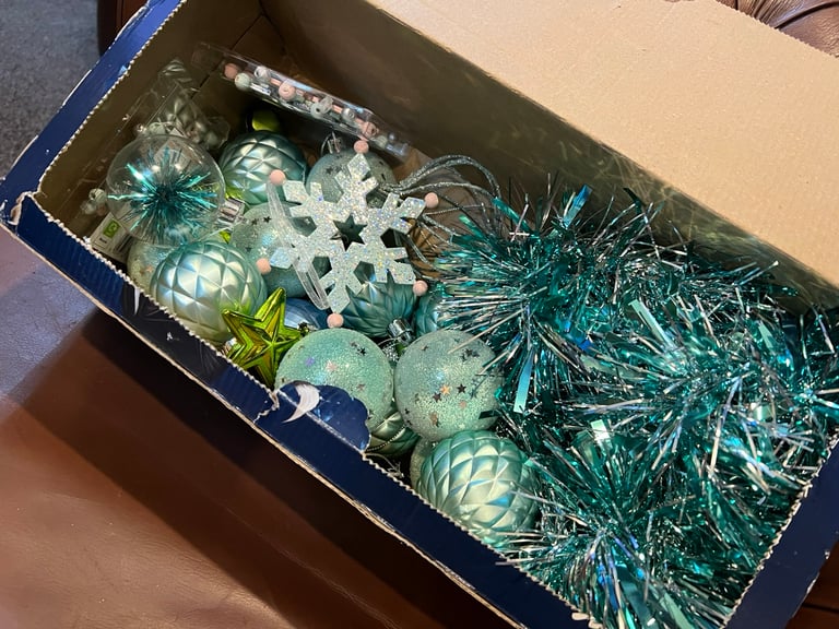 Box of blue/green Christmas Decorations 