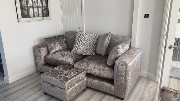 DFS Crush Velvet Sofa With Chair & Puffy