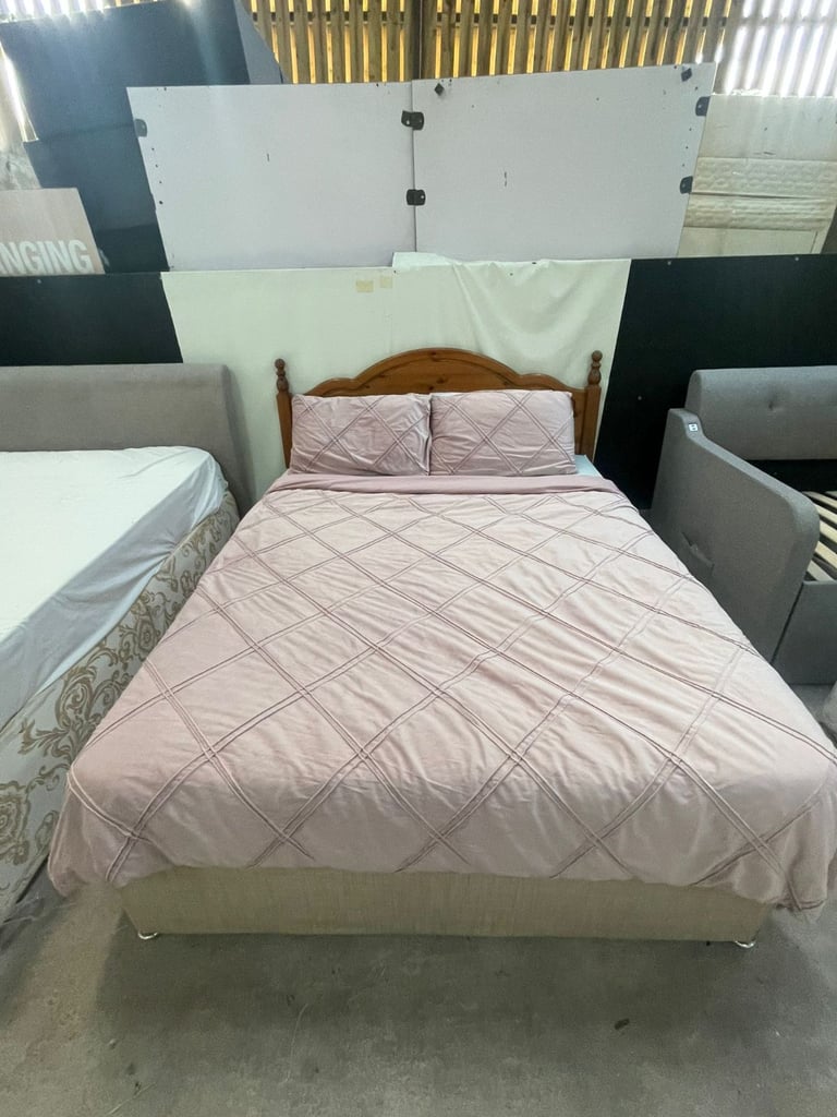 King Size Divan Set - Wooden Headboard and Mattress Included