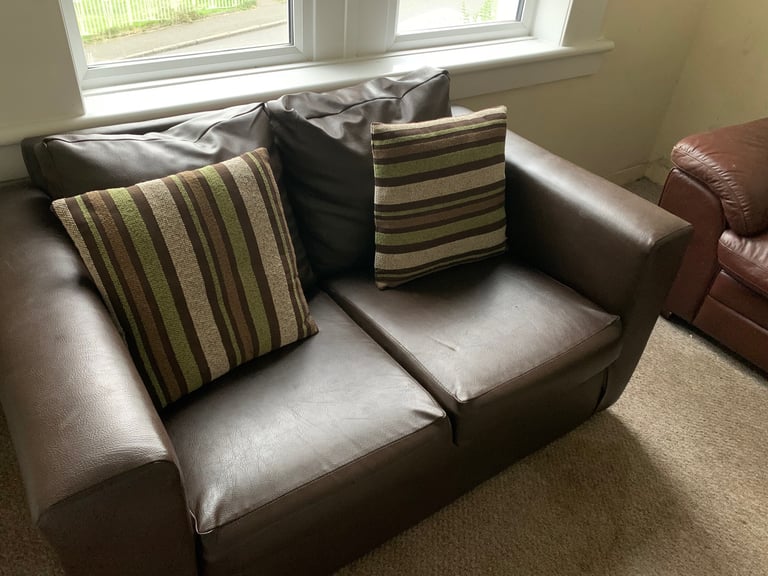 3 x brown leather two seater couches sofa living room dining room bedroom 