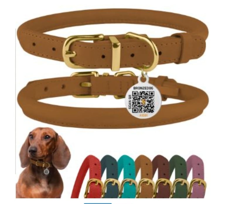 Bronze Dog Rolled Leather Collar with QR ID Tag
