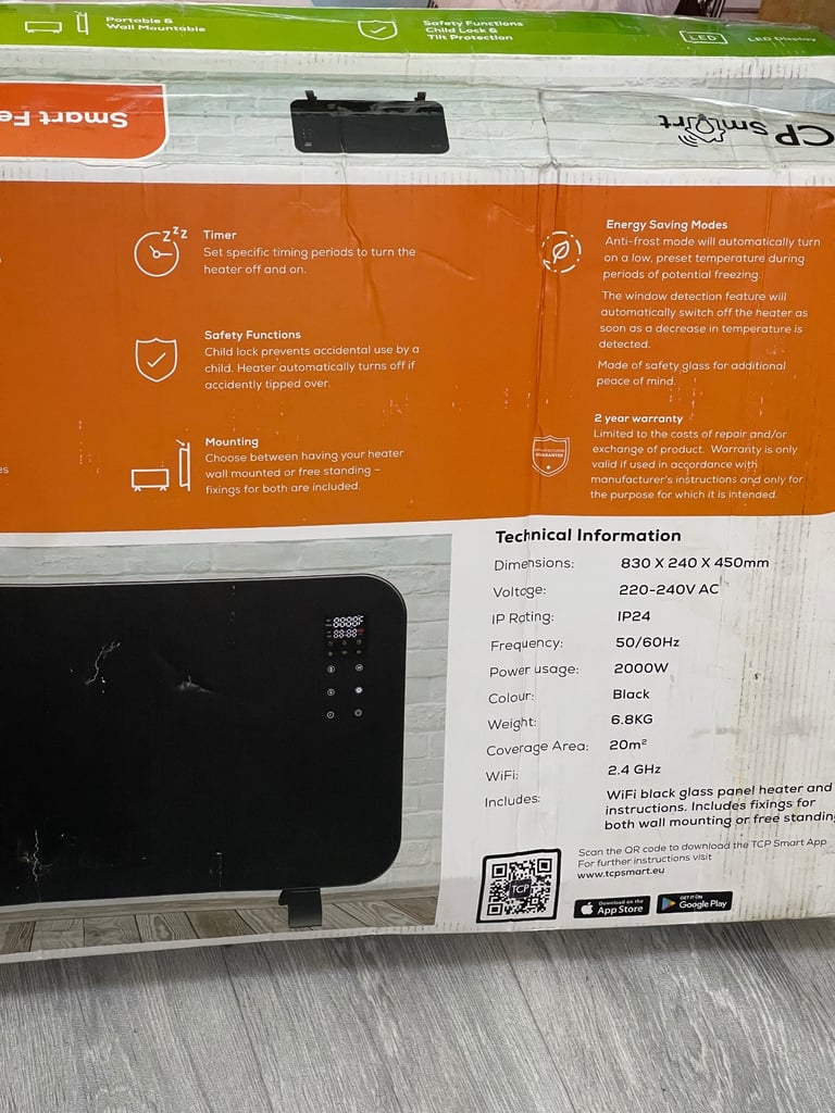 TCP Smart Glass Panel Heater 2000w Black with App, WiFi, 2 Heat Modes, Voice Control works 
