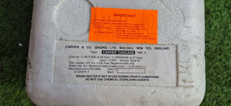 CARVER CASCADE 2 gas water heater for camper caravan motorhome boat.