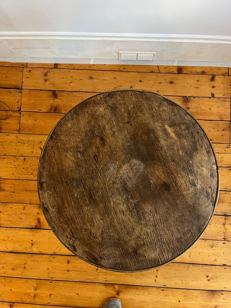 occasional table with brass pedestal and rim