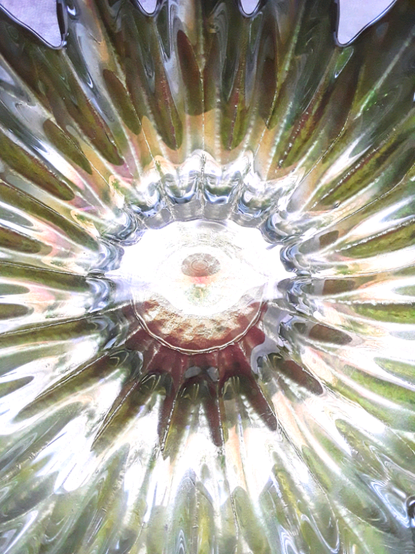 Small coloured glass, prong like bowl. Unusual green coloured effect. 