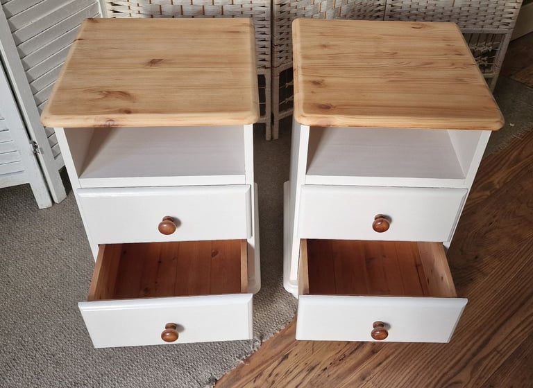 UPCYCLED PAIR OF SOLID PINE BEDSIDE CABINETS 