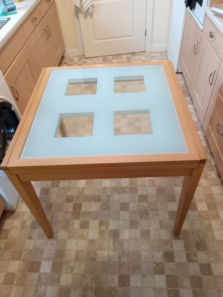 Solid Wood & Glass Extendable Dining Table For Sale