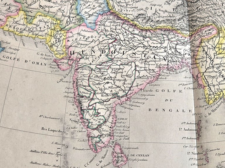 1850 Antique Victorian Large Atlas Engraved Map Asia Continent (French) Beautiful Details 56x46.5 cm