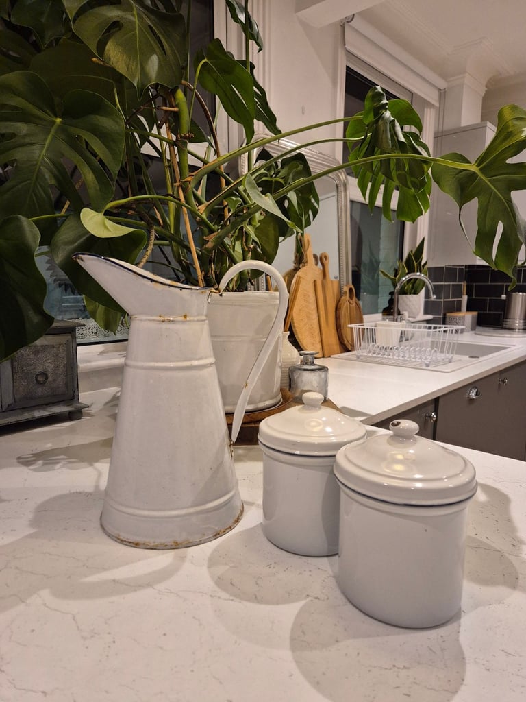 Vintage enamel jug and 2 enamel pots