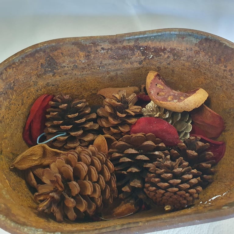 Rustic metal bath-shaped trough, including some pine cones and other Christmas decoration material