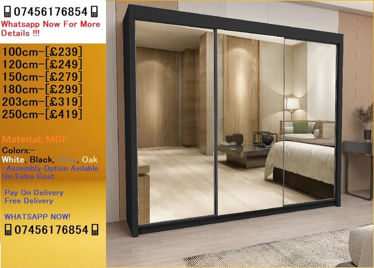 Chicago Wardrobe All Brand-New Sliding Mirrored Wardrobes with Multiple Designs..!!