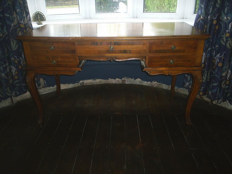 Writing Desk & Chair. Queen Ann Style 5 Drawer Walnut Desk & High Back Padded Chair 