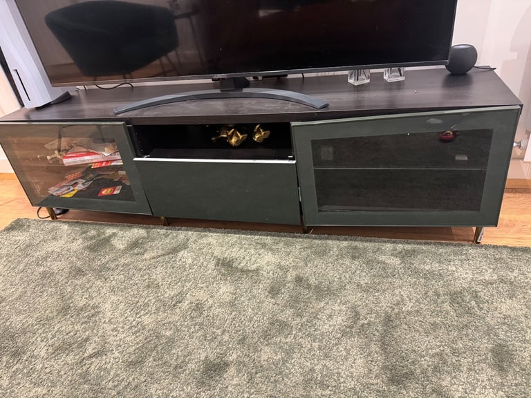 image for Sleek TV Cabinet with Storage – Glass Doors & Gold Legs