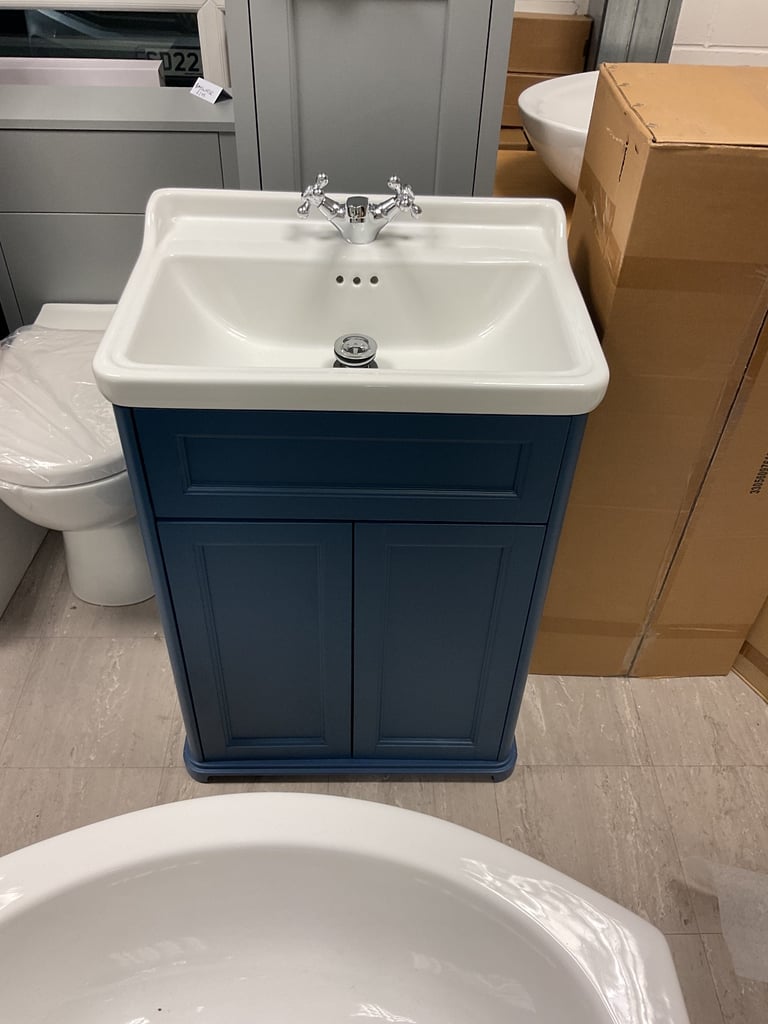 Sofia by Saneux 60cm vanity in Prussian Blue, basin, mixer, waste, handles