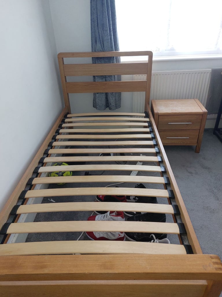 Real pine wood single bed with bedside and mattress 
