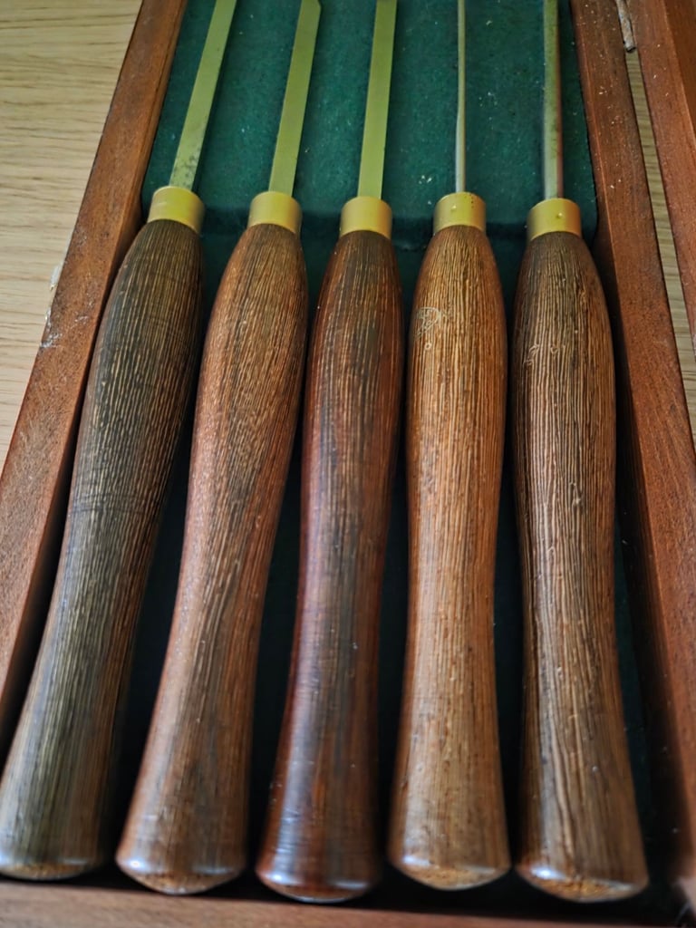 Set of five Crown micro mini woodturning chisels in wooden display box Axminster lathe wood turning