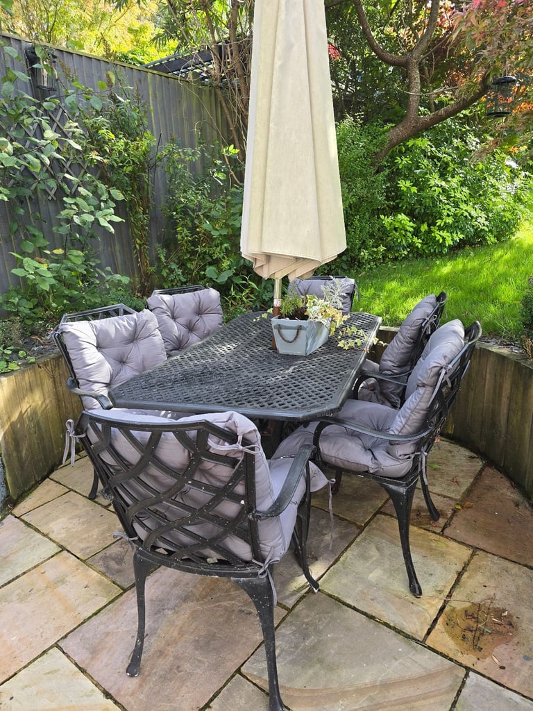 image for Set of table, chairs and loveseat and umbrella