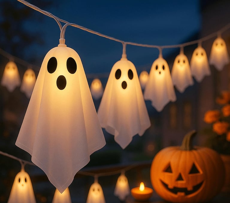 image for Halloween Ghost String Lights with Remote, 10 LED Hanging Ghost Lights with Fabric, 8 Modes