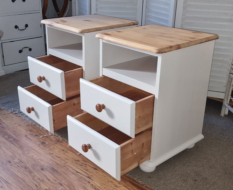 UPCYCLED PAIR OF SOLID PINE BEDSIDE CABINETS 