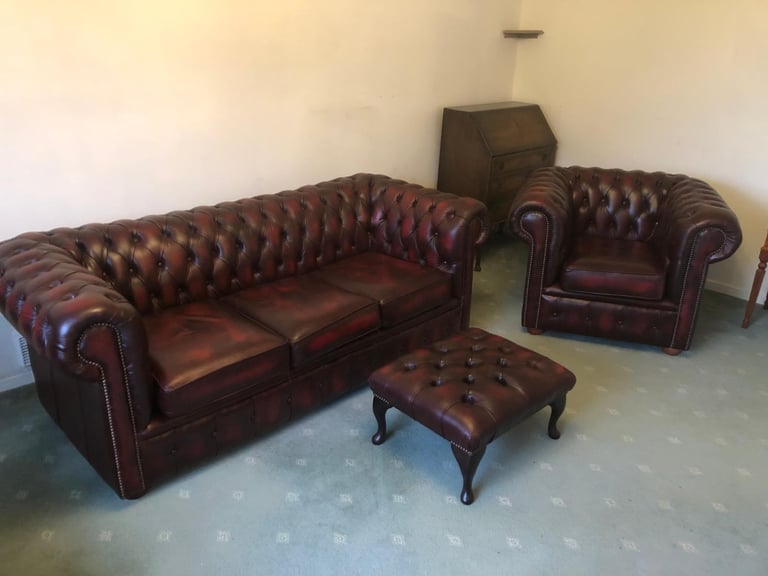 Ox Blood Red Chesterfield Sofa, chair and footstool