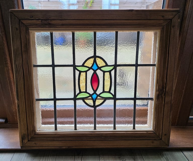 Antique Stained Glass Panel with Dark Oak Solid Wood Frame
