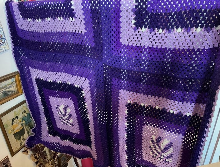 Vintage Large Hand Knitted Crochet Blanket Bedspread Throw Purple 78" x 84"