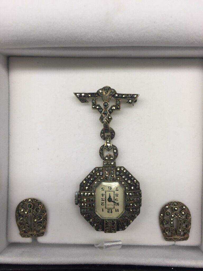 image for Silver and marcasite nurses fob watch and matching clip on earrings