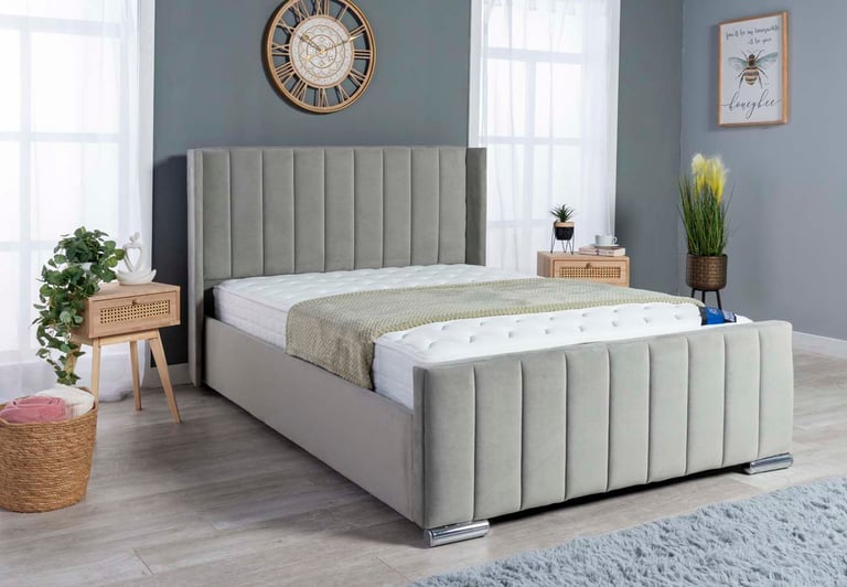NEW OTTOMAN PANEL WING PLUSH VELVET UPHOLSTERED BED FRAME DOUBLE & KING SIZE