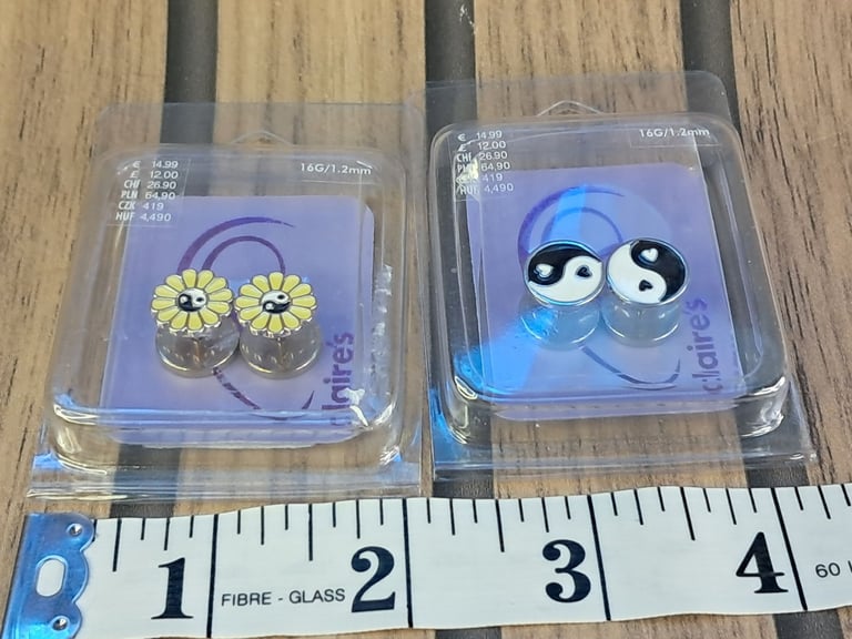 2 boxes brand new Claire's Stainless Steel Round BAGUA YING YANG Dumbbell Stud Earrings 16g 1.2 mm.