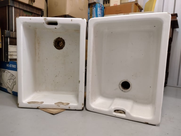 Belfast sinks, two, suitable for garden use, white ceramic