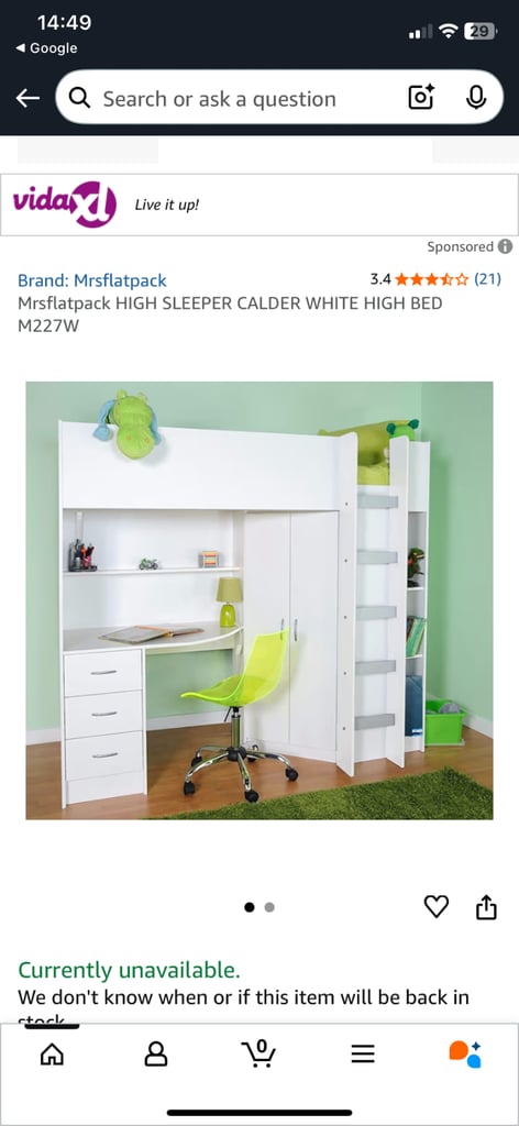 Calder high sleeper bed with desk, wardrobe and bookshelves 