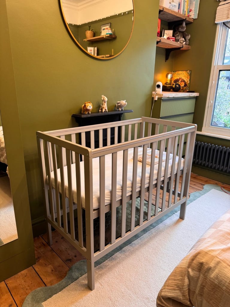 image for Obaby Bantam Space Saver Cot & Changing Tray + Mattress + Mattress Covers - Warm Grey - Unused