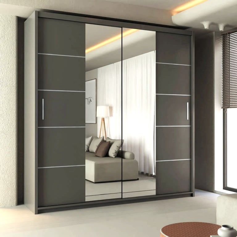 Brand New 2 or 3 Doors Sliding Wardrobe with Mirrors & Drawers in Black Grey White Oak