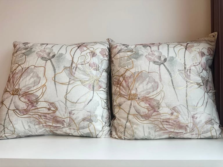 Set of 2 Large (60 x 60cm) Linen Feather-Filled Cushions– Reversible Floral & Stripe Design (New)