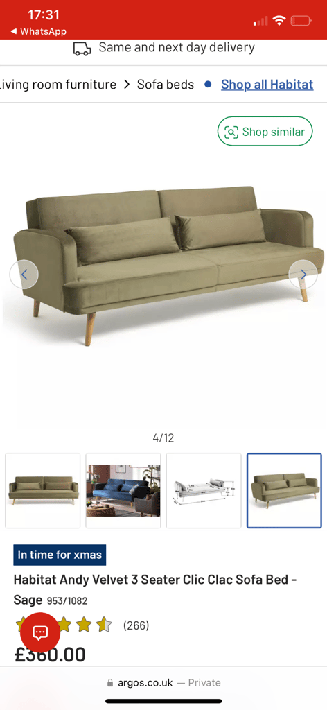Habitat Velvet-feel 3 Seater Clic Clac Sofa Bed