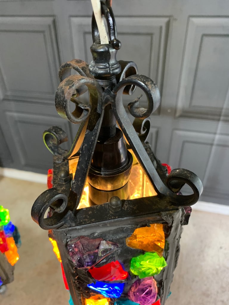 SOLD Pair of Vintage Mid Century Peter Marsh Leaded Rock Glass & Wrought Iron Lantern Lamps 50s 70s