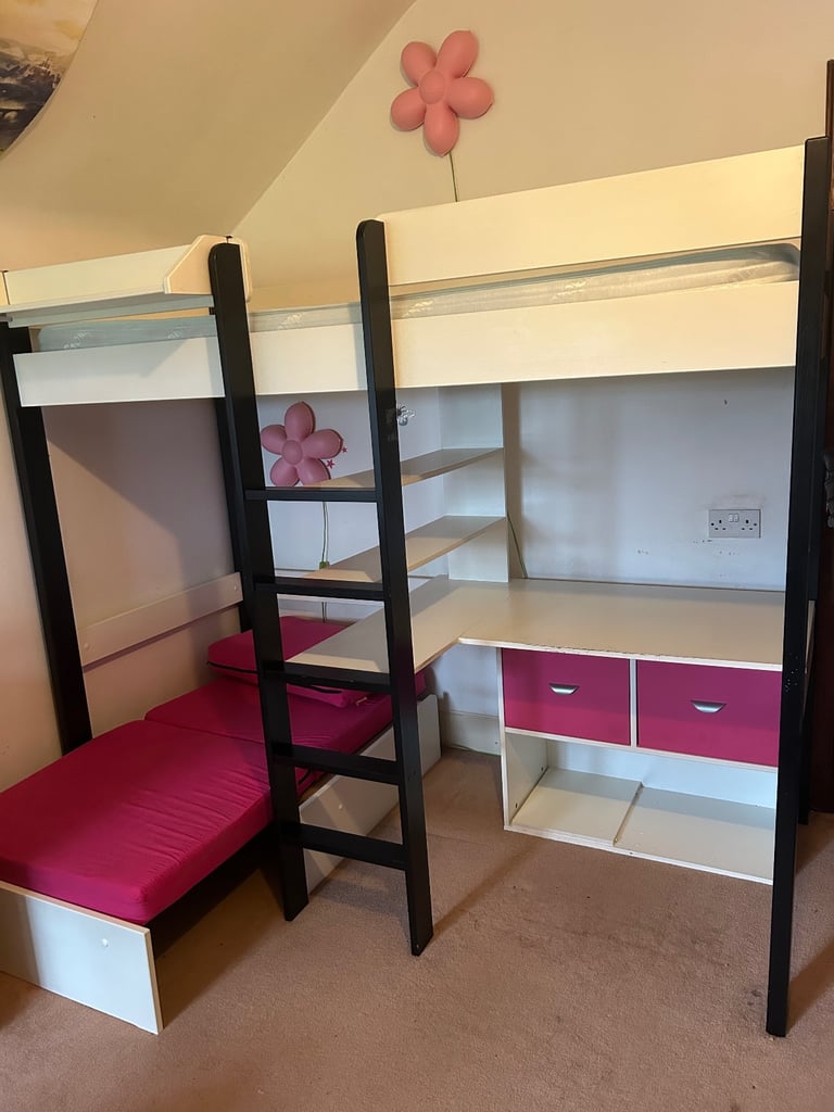 image for Kids platform bed with integrated desk and sofabed