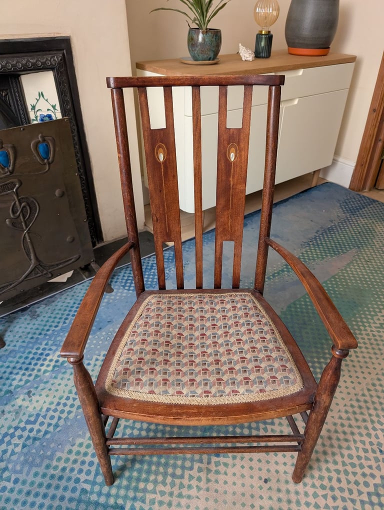 image for Share Arts & Crafts Style Inlaid Wooden Chair; Possibly Denby & Spinks Leeds – Antique