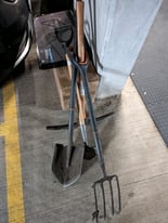 Various Garden Tools - shovel, pickaxe, turning fork, edger