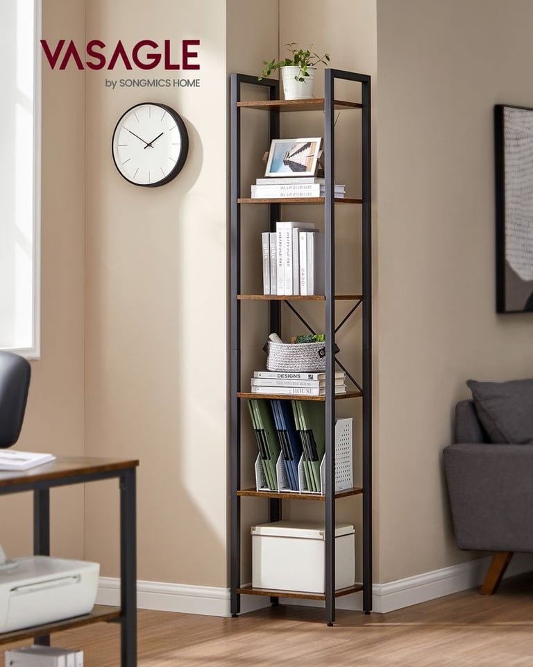 VASAGLE 6-Tier Rustic Brown & Black Bookshelf – Brand New