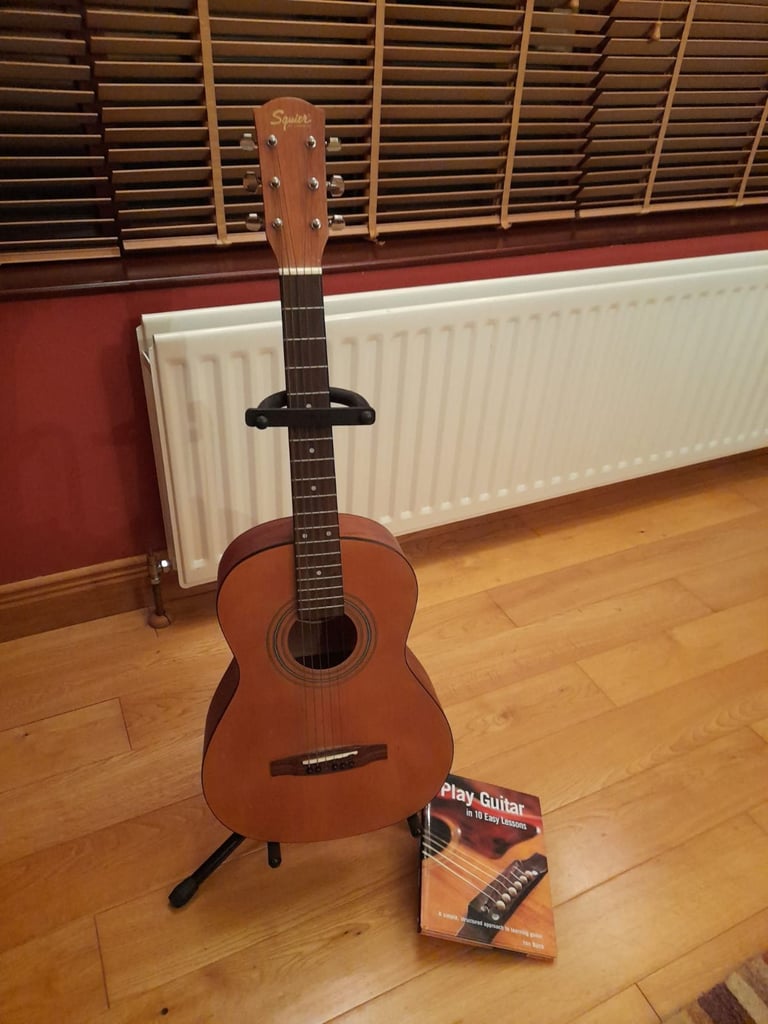 image for 3/4 Acoustic guitar - Squier by Fender with Stagg guitar stand and Play Guitar book
